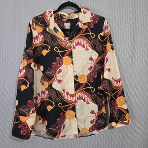 Chicos Womens No Iron Paisley Chain Button-Up Shirt Size L Equestrian Boxy Artsy